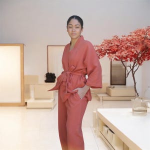 Women cotton gauze kimono set, two-piece bohemian set with pants and kimono robe.