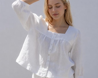 Camicetta da donna in lino – Camicetta minimalista con bottoni sul davanti, camicetta Nica, abbigliamento leggero in lino