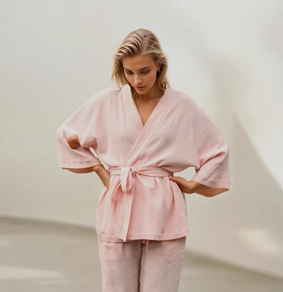 Women's Cotton Chiffon Kimono Set, Two-piece Boho Set With Pants