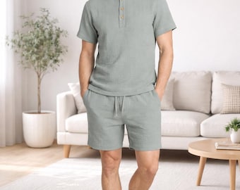 Men's Muslin Cotton Pajama Set: Henley Sleepwear Loungewear