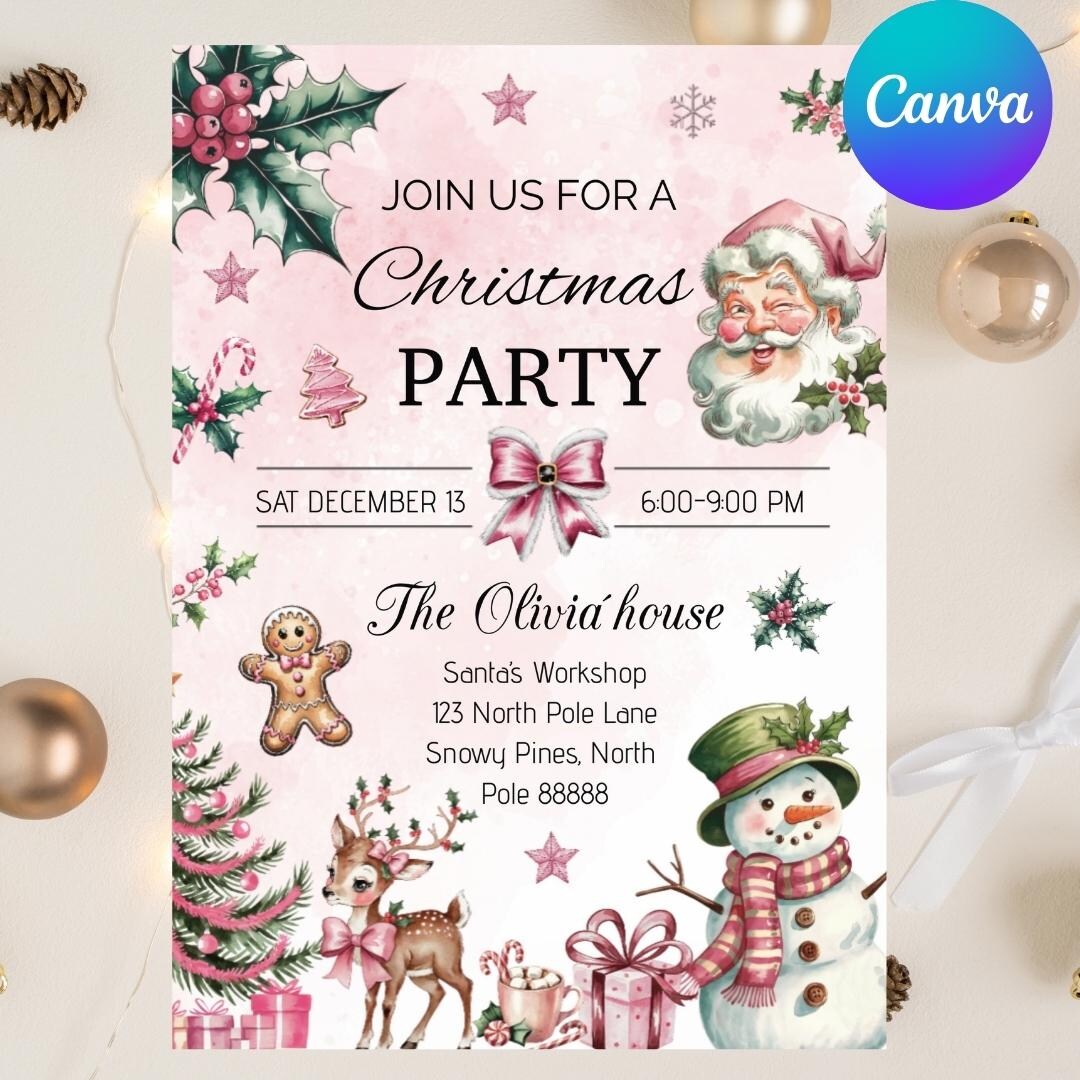 Pink Christmas Birthday Invitation Holiday Party Template (digital