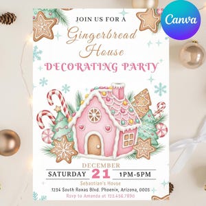 May include: A Christmas-themed invitation for a gingerbread house decorating party. The design features a pink gingerbread house, gingerbread biscuits, candy canes, and Christmas trees. The text includes the date, time, and location.