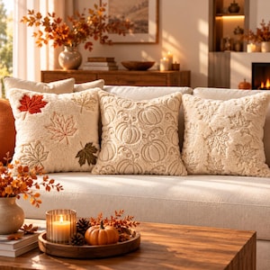 Fall Pillow Cover, Pumpkin Cushion Cover, Maple Leaf Throw Pillow, Textured Autumn Decor, Thanksgiving Home Decor