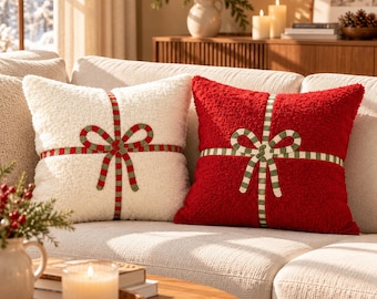 Kerstkussenhoes, Kerstcadeaukussen, Rood-witte kussenhoes, Feestelijk sierkussen, Gezellige kerstdecoratie, Feestelijke bankdecoratie