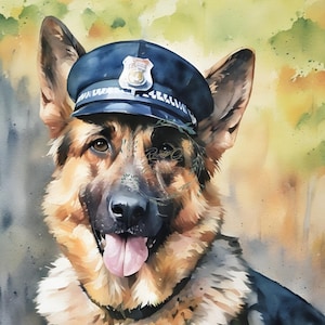 German Shepherd Policeman&#39;s Hat - German Shepherd Watercolour Style Art - Beautiful Artwork Print - #GS02