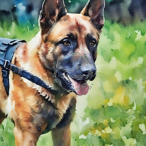 Belgischer Malinois Aquarell - Hund im Harness Kunstdruck #BM17