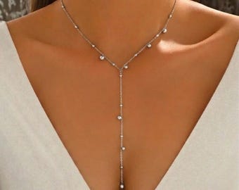 Collar en forma de Y con cuentas de acero inoxidable, oro o plata, collar minimalista con lazo, joyería para mujer, impermeable e hipoalergénico, delicada cadena de cuentas