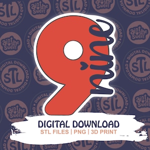 Pode incluir: Gráfico de download digital com um número nove estilizado em vermelho, um círculo branco e detalhes em azul. Inclui também o texto "DIGITAL DOWNLOAD" e "STL FILES | PNG | 3D PRINT".