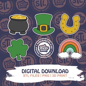 May include: Digital download featuring St. Patrick's Day themed graphics. Includes a pot of gold, a green leprechaun hat, a gold horseshoe, a green shamrock, a rainbow, and a circular graphic with text. The text "Digital Download" is also present.