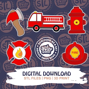 Firefighter Cookie Cutter STL Set, Fire Truck, Axe, Hydrant, Helmet, Maltese Cross, 3D Print Cookie Cutter Digital File - INSTANT DOWNLOAD!