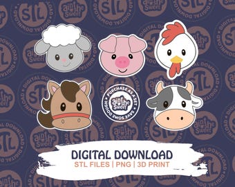 Juego de cortadores de galletas de animales de granja (STL) / Vaca, cerdo, pollo, oveja, caballo / Diversión en el granero / Impresión 3D / Archivo digital / DESCARGA INSTANTÁNEA