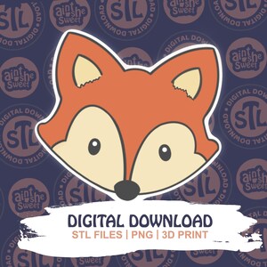 Könnte beinhalten: Digitaler Download-Grafik mit einem Cartoon-Fuchskopf in Orange, Creme und Schwarz. Der Fuchs ist auf einem dunkelblauen Hintergrund mit sich wiederholenden kreisförmigen Logos zentriert. Der Text lautet "DIGITAL DOWNLOAD STL FILES | PNG | 3D PRINT."