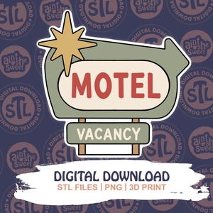 May include: A graphic illustration of a retro-style motel sign featuring a sage green arrow-shaped background, a cream-colored oval center with the red text MOTEL, and a smaller rectangular sign below with the sage green text VACANCY.