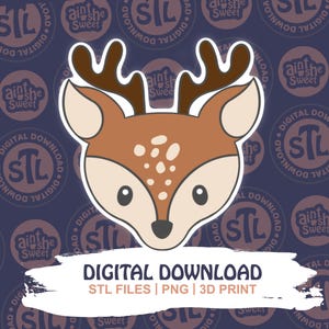 Puede incluir: Gráfico de descarga digital con la cabeza de un ciervo de dibujos animados con cuernos marrones y una cara marrón claro con manchas blancas. El texto "DESCARGA DIGITAL" está debajo del ciervo.