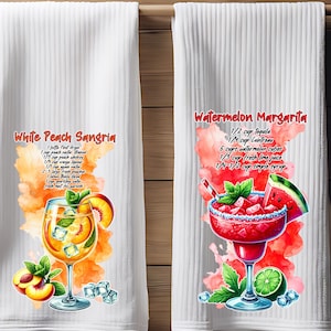 Cocktail Recipe Kitchen Towels – Summer Drink Bar Towels – Watermelon Margarita & White Peach Sangria – Fun Gift for Hostess or Bar Cart