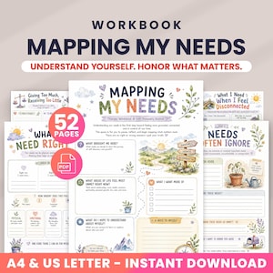 May include: A 52-page digital therapy workbook titled Mapping My Needs, featuring self-discovery journal prompts, watercolor illustrations of landscapes, plants, and signs, available in A4 and US Letter sizes for instant download as a PDF file.