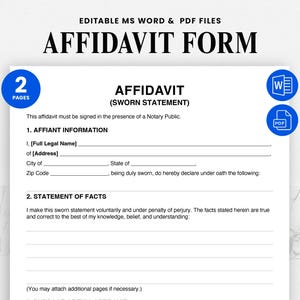 Sworn Affidavit Template - Fillable Statement Form -  Printable Personal Declaration - Notarized Statement PDF - Editable MS Word & PDF