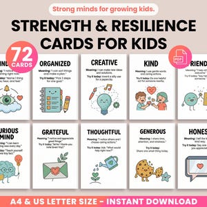 Puede incluir: Un juego de 72 tarjetas de Fuerza y Resiliencia para niños. Cada tarjeta presenta un rasgo positivo como "Amable" u "Honesto" con una definición y una indicación de actividad. Las tarjetas están disponibles en tamaños A4 y US Letter.
