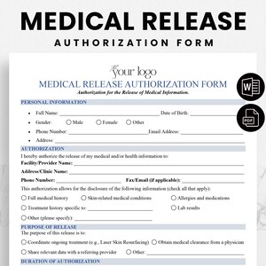 Medical Release Form Template – Editable Consent for Skincare & Aesthetic Treatments – HIPAA Consent Authorization - Editable PDF Word