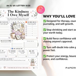 May include: A printable A4 and US letter size worksheet titled The Kindness I Owe Myself. The document features sections for self-reflection, including prompts for kindness, a central illustration of an envelope with notes, a coffee mug, and a candle.