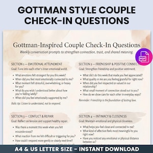 Pode incluir: Um download digital intitulado "Gottman Style Couple Check-In Questions". O documento apresenta perguntas para conversas semanais para fortalecer a conexão e a confiança. As seções incluem sintonia emocional, amizade, reparação de conflitos e intimidade.