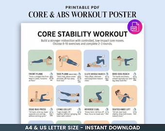 Póster de ejercicios para el core y abdominales: Guía de fitness para hacer en casa sin equipo - Tabla imprimible de ejercicios para fortalecer y mantener el core (descarga digital)