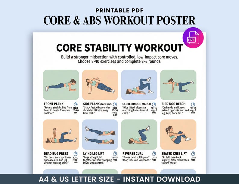 May include: A printable PDF workout poster titled "CORE & ABS WORKOUT POSTER" with illustrated exercises for core stability. The poster includes exercises like front plank, side plank, and bird dog reach. The poster is available in A4 and US letter sizes.