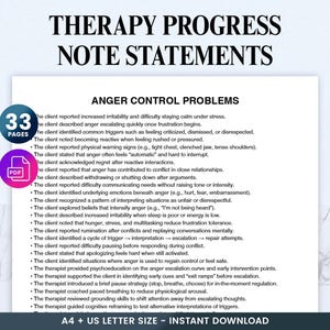 May include: A digital download titled "Therapy Progress Note Statements" with the text "Anger Control Problems." The document includes a list of statements related to anger management, with a "PDF" icon and a "33 pages" icon. The document is A4 and US Letter size.