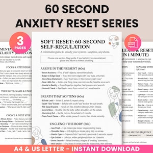 Anxiety Reset 60 Second Series - Gentle Anxiety Relief Worksheets, Nervous System Regulation Tools, Calming Therapeutic Printables