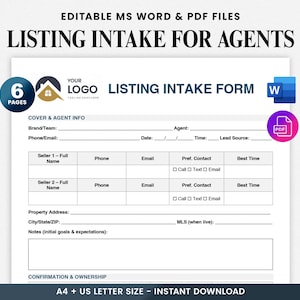 Può includere: Un modulo di acquisizione di annunci per agenti immobiliari, con il testo "LISTING INTAKE FOR AGENTS". Il modulo include sezioni per le informazioni sull'agente, i dettagli del venditore e l'indirizzo della proprietà. Disponibile in file MS Word e PDF modificabili.