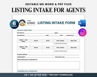 Real Estate Listing Intake Form, Listing Appointment Checklist, Seller Questionnaire, Editable Realtor intake Forms PDF & Word Template