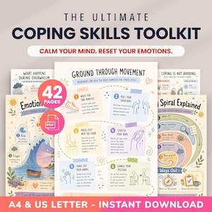 Peut inclure: Un kit d'outils numériques intitulé The Ultimate Coping Skills Toolkit comprenant 42 pages de ressources éducatives sur la santé mentale. Le document présente des guides illustrés sur les techniques d'ancrage et la régulation émotionnelle au format A4.