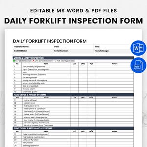 Könnte beinhalten: Ein weißes Dokument mit dem Titel "DAILY FORKLIFT INSPECTION FORM" mit bearbeitbaren MS Word- und PDF-Dateien. Das Formular enthält Abschnitte für Sicht- und Sicherheitsprüfungen, Flüssigkeitsstände und mechanische Systeme. Enthält ein "W"- und "PDF"-Symbol.