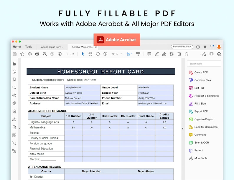 Puede incluir: Una plantilla de informe de homeschool imprimible para un estudiante llamado Joseph Gerard. La plantilla incluye secciones para el rendimiento acad&eacute;mico, el registro de asistencia y la informaci&oacute;n del estudiante. La plantilla est&aacute; dise&ntilde;ada para ser completada utilizando Adobe Acrobat u otros editores de PDF.