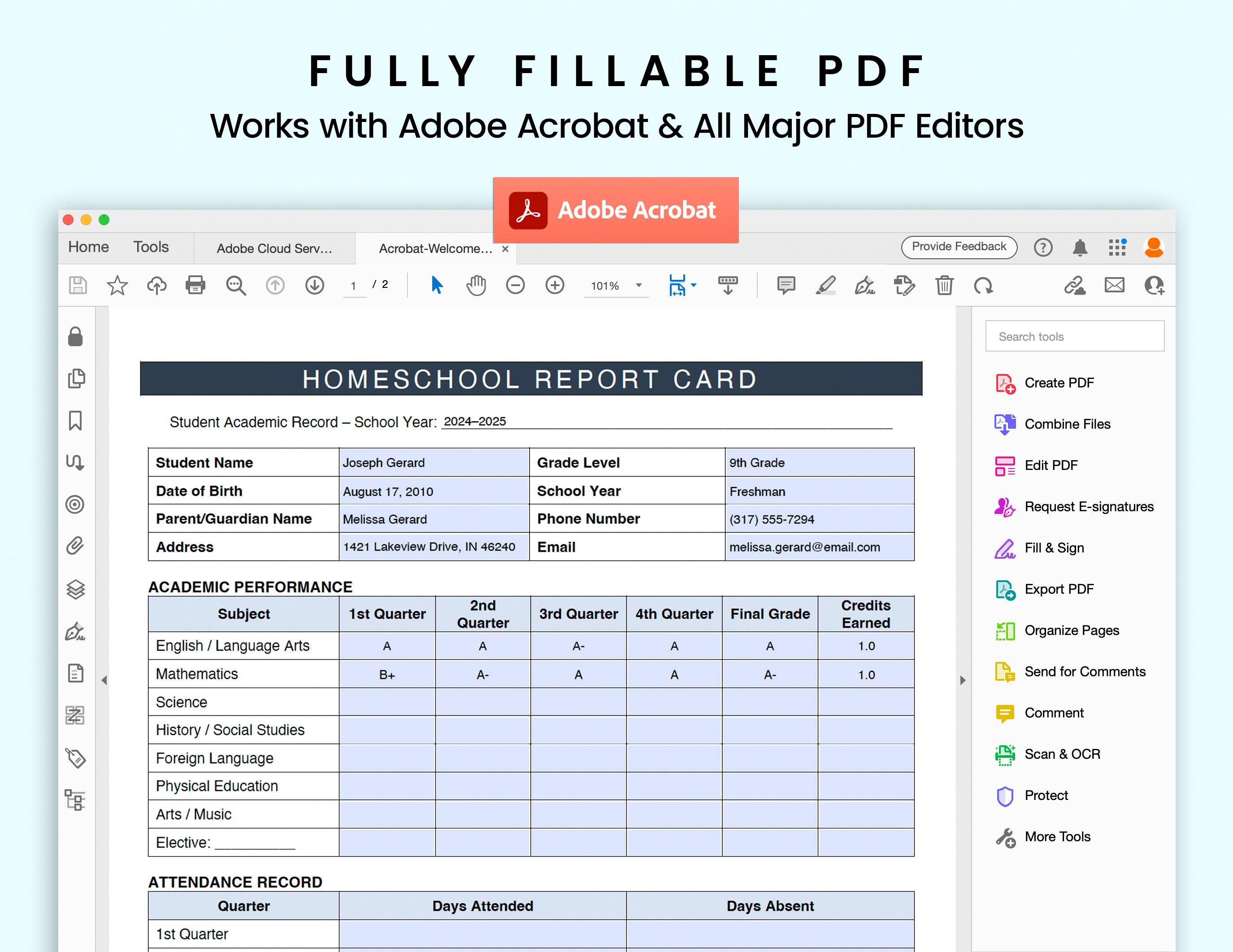 Editable Homeschool Report Card Template, Fillable Homeschooling ...