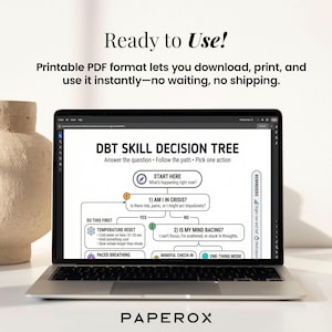 May include: A laptop displays a DBT Skill Decision Tree, a printable PDF. The tree includes steps like "Temperature Reset" and "Paced Breathing." The text "Ready to Use!" and "PAPER0X" are also visible.