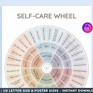 May include: A self-care wheel poster with sections for body, mind, and emotional care. The poster features text including "Hydrate," "Rest," and "Unplug." Available in A4 and US Letter sizes, it's a guide to well-being.