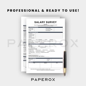 Puede incluir: Dos hojas de papel blancas con un formulario de "SALARY SURVEY" impreso. El formulario tiene secciones para detalles de organizaci&oacute;n, puesto y compensaci&oacute;n. Un bol&iacute;grafo negro y dorado descansa a la derecha. El texto "PROFESSIONAL & READY TO USE!" est&aacute; en la parte superior.