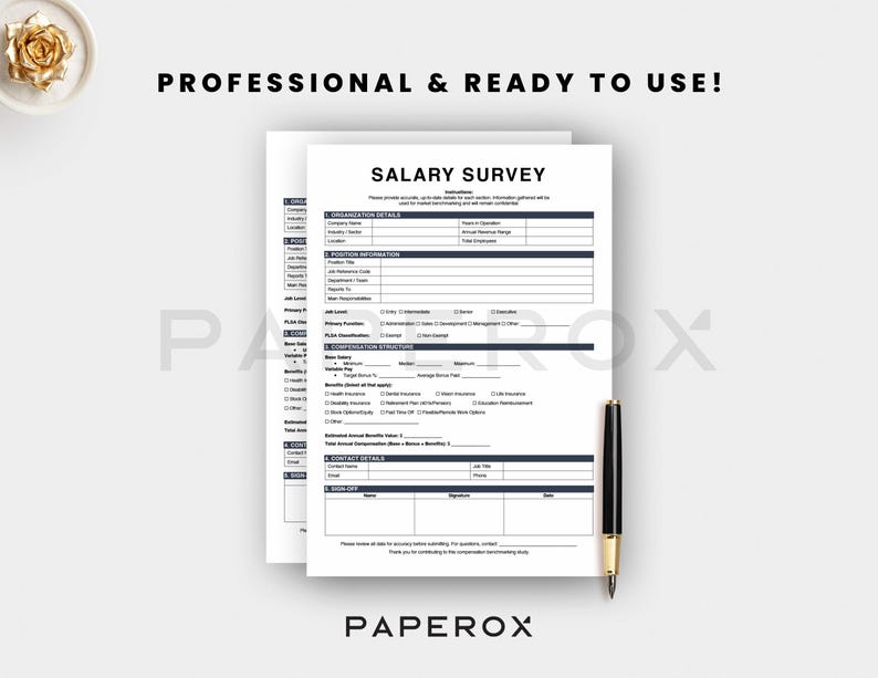 Puede incluir: Dos hojas de papel blancas con un formulario de "SALARY SURVEY" impreso. El formulario tiene secciones para detalles de organizaci&oacute;n, puesto y compensaci&oacute;n. Un bol&iacute;grafo negro y dorado descansa a la derecha. El texto "PROFESSIONAL & READY TO USE!" est&aacute; en la parte superior.