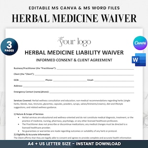以下が含まれることがあります： 編集可能なMS CanvaおよびMS Wordファイルを使用した、"HERBAL MEDICINE WAIVER"というタイトルの白いドキュメント。クライアント情報と免責事項のセクションが含まれています。CanvaとWordのロゴも表示されています。