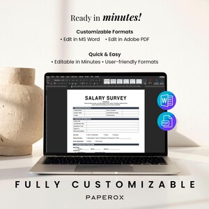 Puede incluir: Un port&aacute;til muestra un formulario de encuesta salarial, con el texto "Ready in minutes!" y "Fully Customizable." El formulario es editable en MS Word y Adobe PDF. A la izquierda hay un jarr&oacute;n beige texturizado. El formulario est&aacute; dise&ntilde;ado para un uso r&aacute;pido y f&aacute;cil.