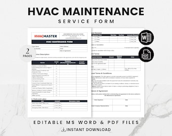 Formulário de serviço de manutenção de HVAC - Contrato de serviço de HVAC preventivo e comercial - Modelo editável em Word/PDF - Formulários de HVAC para impressão