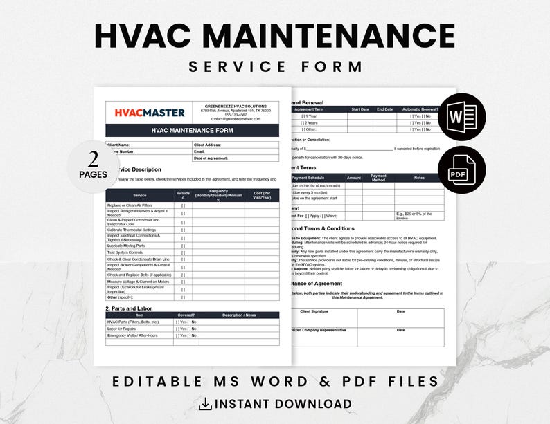 Puede incluir: Una plantilla de formulario de servicio de mantenimiento de HVAC de dos p&aacute;ginas en blanco y negro con el t&iacute;tulo "Formulario de servicio de mantenimiento de HVAC" y el nombre de la empresa "HVACMASTER". El formulario incluye secciones para la informaci&oacute;n del cliente, la descripci&oacute;n del servicio, las piezas y la mano de obra, y los t&eacute;rminos del acuerdo.