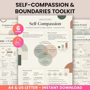 Könnte beinhalten: Ein digitales Toolkit zum Thema Selbstmitgefühl und Grenzen, mit sechs Informationsseiten. Die Seiten enthalten Anleitungen zu Selbstmitgefühl, Scham und einem 20-Sekunden-Reset. Erhältlich in A4- und US-Letter-Größe, sofortiger Download.