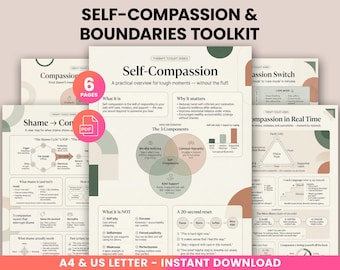 May include: A toolkit titled "Self-Compassion & Boundaries" with six pages of information. The pages include infographics on self-compassion, shame, and a 20-second reset guide. The toolkit is available in A4 and US Letter sizes.