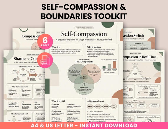 Self-Compassion Resource Bundle, Mental Health Worksheets PDF, Therapy Toolkit Posters, Coping Skills, Stress Relief, Shame & Boundaries PDF
