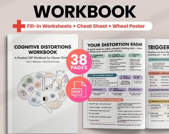 Cognitive Distortions Workbook, CBT Worksheets & Thought Record, Thought Reframing Tools, Distortion Wheel Poster, CBT Cheat Sheet, Bundle