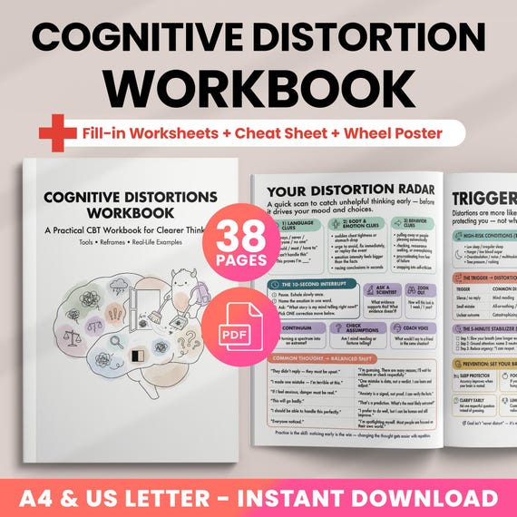 Cognitive Distortions Workbook, CBT Worksheets & Thought Record, Thought Reframing Tools, Distortion Wheel Poster, CBT Cheat Sheet, Bundle