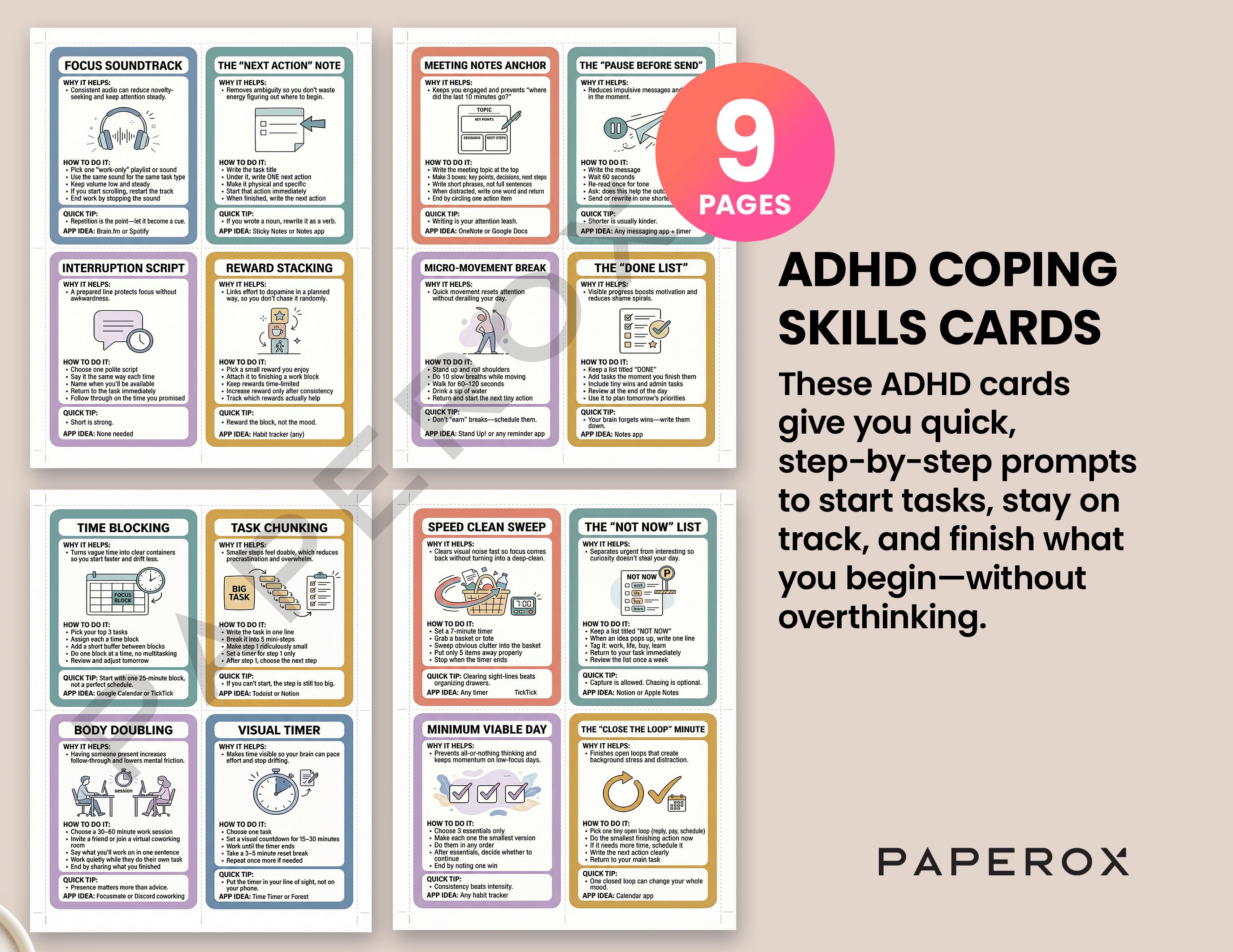 ADHD Coping Skills Cards Printable, ADHD Therapy Worksheets, Executive ...