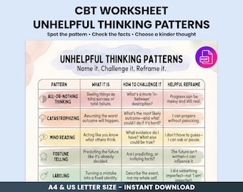 CBT Worksheet Printable, Cognitive Distortions & Thought Reframing, Thought Challenging, Anxiety Relief Tool, Therapy Handout PDF